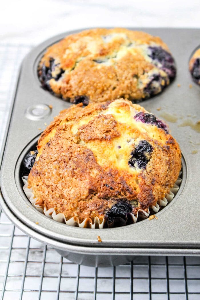 A golden-brown blueberry muffin made with blueberry muffin mix rests in a muffin tin on a cooling rack.