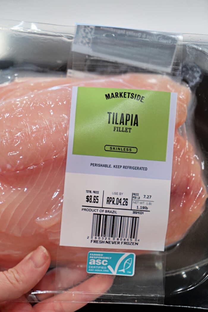 Packaged Marketside skinless tilapia fillets with a label showing price, weight, and expiration date—perfect for your next fried tilapia or favorite tilapia recipe.