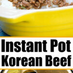 Instant Pot Korean beef and green onions served over rice in a yellow dish; savory sauce is being poured over the beef in the Instant Pot.