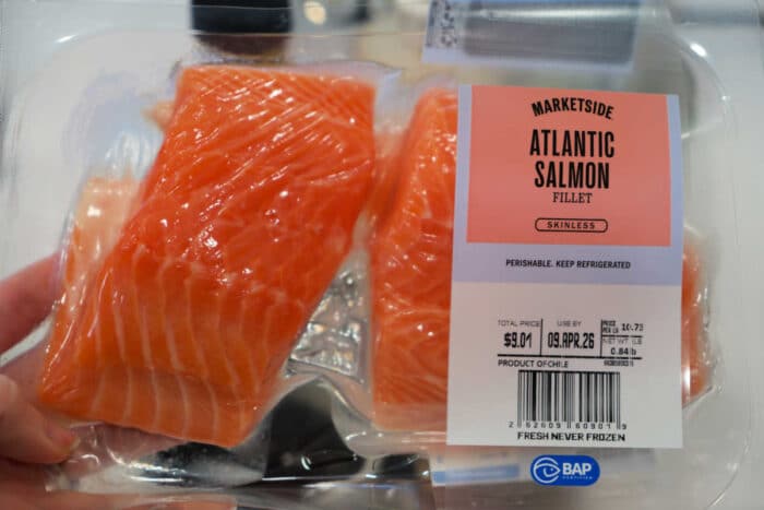 Packaged Atlantic salmon fillets labeled Marketside Atlantic Salmon Fillet Skinless in a clear plastic container—perfect for making Teriyaki Salmon Bites at home.