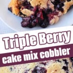 A serving of Berry Cobbler with Cake Mix and ice cream on a plate, with a close-up of the delicious baked cobbler underneath.