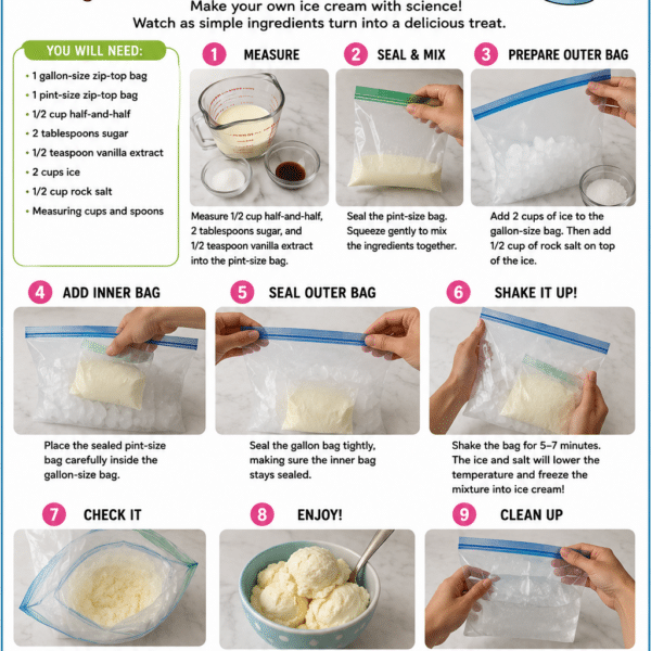 Instructional infographic showing how to make ice cream in a bag, featuring step-by-step photos and colorful illustrations.