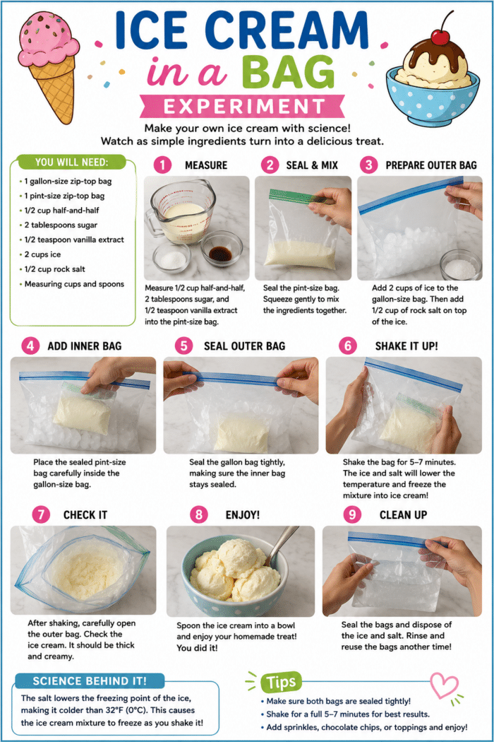 Instructional infographic showing how to make ice cream in a bag, featuring step-by-step photos and colorful illustrations.