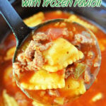 Ladle of Crockpot Lasagna Soup with ground beef and ravioli above a crockpot of soup, text overlay about this easy crockpot recipe.