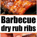 Close-up of barbecue dry rub ribs sizzling on a grill and a hand holding a cooked rib, with text in between explaining how to grill ribs on gas grill for perfect flavor.