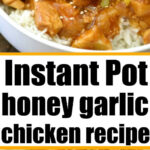 Close-up of spicy honey Instant Pot chicken with rice, garnished with sesame seeds and green onions, in a white bowl.