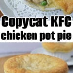 A golden chicken pot pie in a white ramekin, with some filling visible under a flaky crust—this dish is inspired by the classic KFC chicken pot pie recipe.