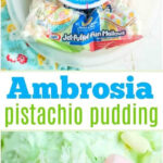 Ingredients for pistachio pudding ambrosia with marshmallows, Cool Whip, and Jell-O arranged on a table.