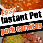 Tongs hold shredded instant pot pork carnitas above sauce; raw pork, spices, and salsa shown in Instant Pot below.