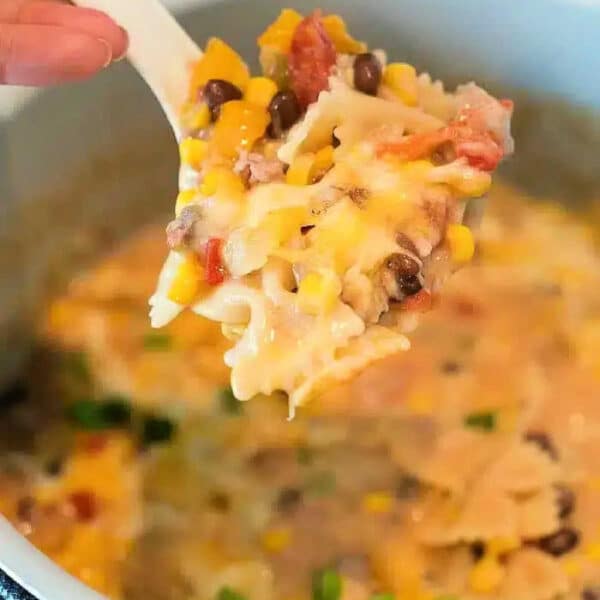 A spoonful of cheesy bowtie pasta with corn, beans, and vegetables—fresh from a pot of pressure cooker Mexican casserole—is the perfect comfort dish.