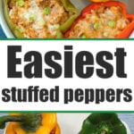 Top: Halved bell peppers stuffed with rice and cheese, showcasing a classic stuffed green peppers recipe. Bottom: Whole stuffed bell peppers on a plate.