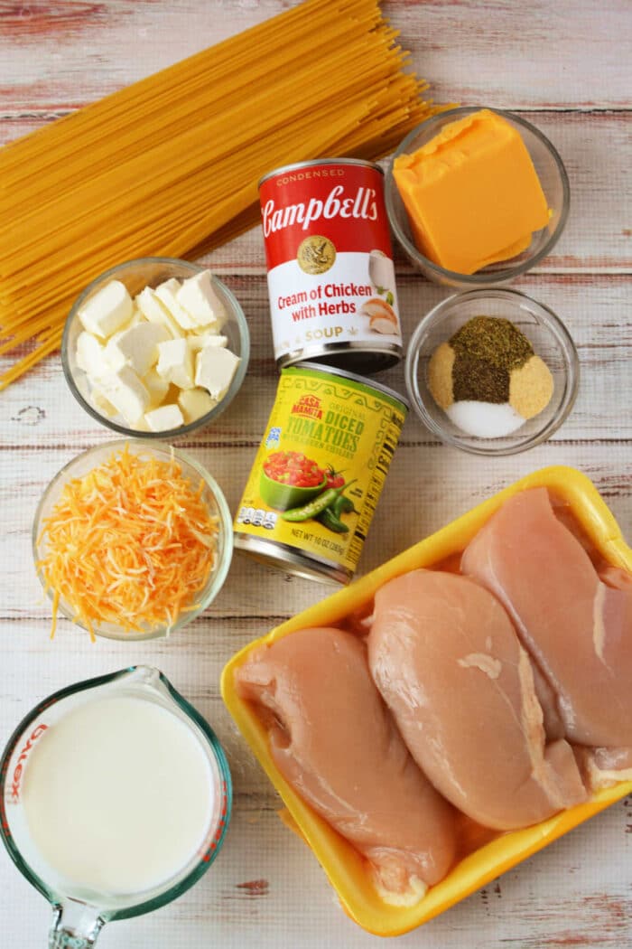 A delicious array of ingredients for Crockpot Chicken Spaghetti is displayed on the table: raw chicken breasts, spaghetti, cheese, milk, cream soup, diced tomatoes, spices, and butter.