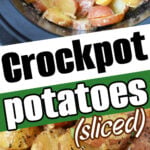 Sliced potatoes cooked in a crockpot, served on a plate with seasoning and green onions—this is one of the easiest slow cooker potato recipes perfect for any occasion.