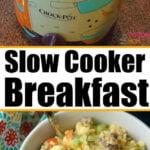 A slow cooker with ingredients and a bowl of scrambled eggs, sausage, and veggies for breakfast—perfect for making a hearty crockpot breakfast casserole.