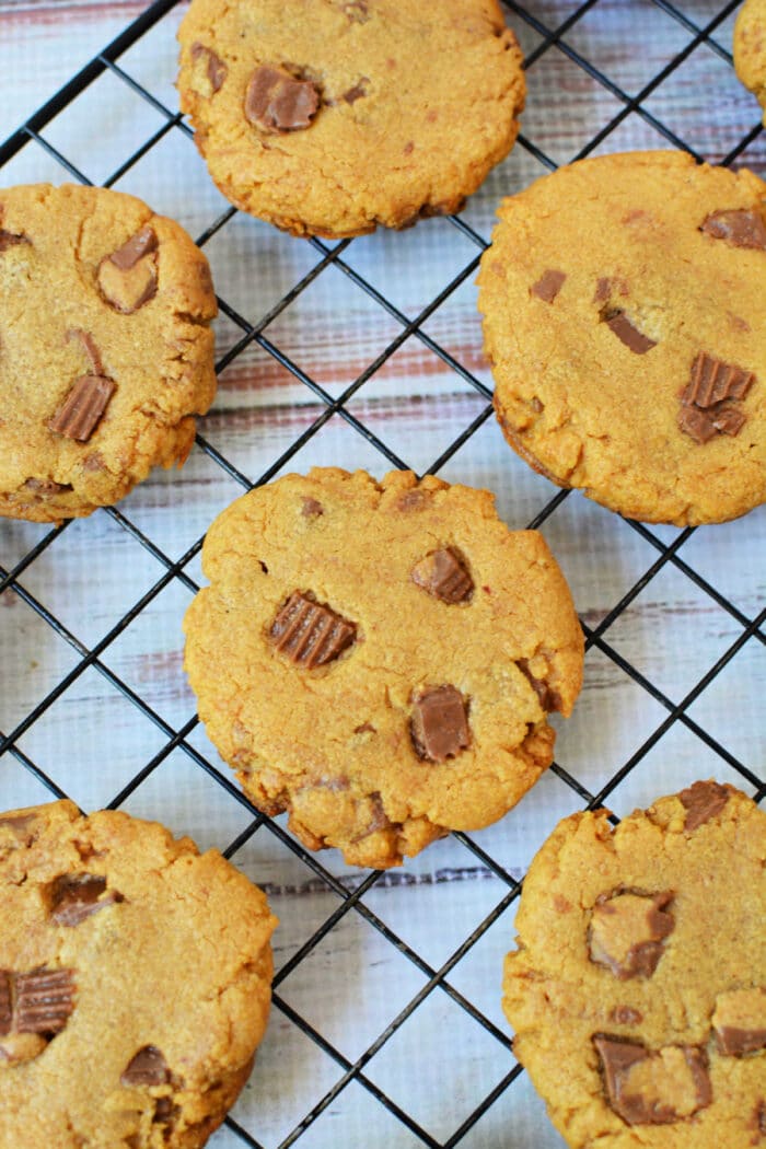 Peanut Butter Cookies with chocolate chunks and bits of Peanut Butter Cups cool on a black wire rack, filling the kitchen with a deliciously nutty aroma.