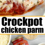 Slow cooker chicken parmesan on a plate, with Prego sauce and ingredients displayed in bowls on a table.
