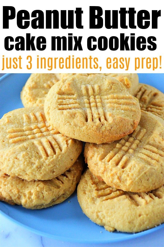 A plate of peanut butter cookies with fork marks, labeled as 3-ingredient cake mix cookies—a delicious example of easy boxed cake mix recipes.