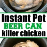 Whole chicken with beer can inside, seasoned, in a pressure cooker for classic pressure cooker beer can chicken before and after cooking.