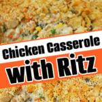 A spoonful of creamy Ritz Chicken Casserole topped with crumbled Ritz crackers, with the full casserole below.