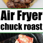 A raw seasoned chuck roast in an air fryer basket above a plate of cooked sliced roast.