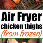 Air fryer chicken thighs, showing both raw frozen pieces and golden, cooked pieces.