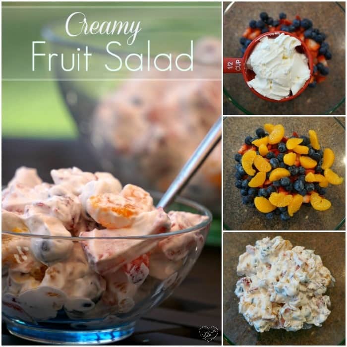 Easy fruit salad recipe that's super creamy and easy to make.. The perfect BBQ side dish or a light fruit dessert idea that everyone will love! Steps to make creamy fruit salad with blueberries, mandarin oranges, and a Cool Whip dressing.
